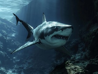 Fototapeta premium A great white shark swims in the ocean depths, exuding the raw power and beauty of marine life in its natural habitat.