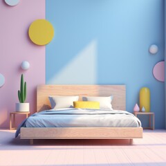 A minimalist bedroom with a playful color scheme, perfect for modern home decor inspiration or contemporary interior design articles.