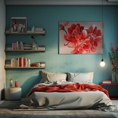 A vibrant bedroom with a striking red floral art piece, suited for design inspiration articles or as a showcase for bold interior styling.
