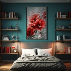 A vibrant bedroom with a striking red floral art piece, suited for design inspiration articles or as a showcase for bold interior styling.