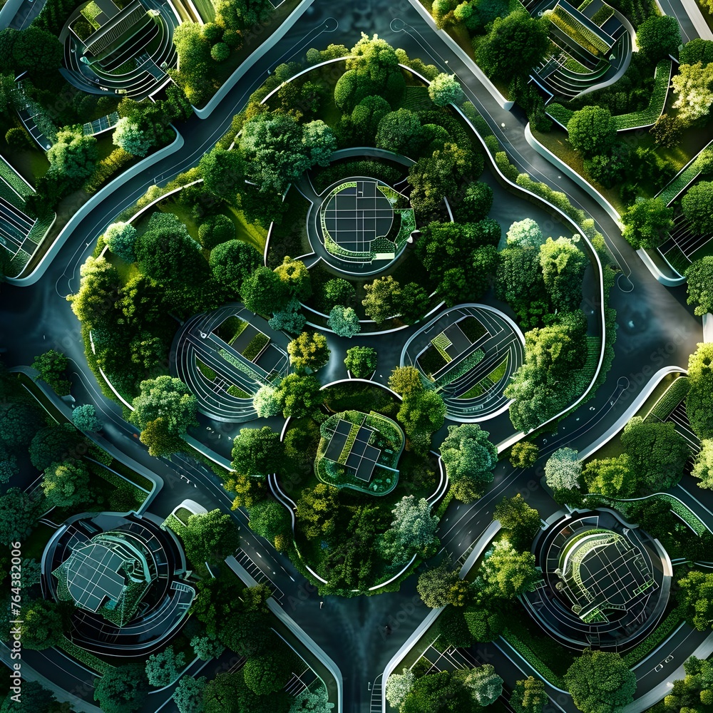 Poster aerial perspective of a tech-enabled green smart city with advanced digital infrastructure and conne