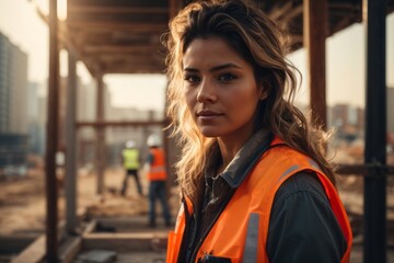 woman working on construction site wearing a safety helmet and work vest