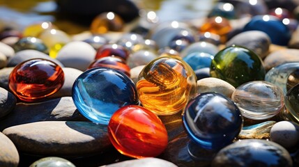 Assorted glass marbles are scattered among river stones, forming a vibrant and playful mosaic of colors and textures. Ai Generated