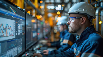 Engineer team sits in front of a computer screen showing graphs related to energy production. Inside a nuclear power plant.