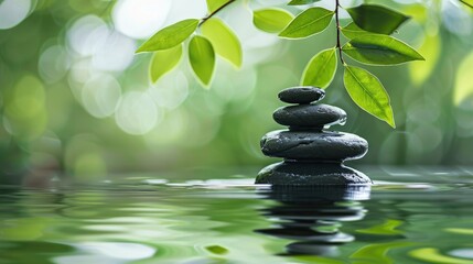 Zen stones form a serene pyramid on water, a symbol of balance and tranquility in nature's embrace. Ai Generated