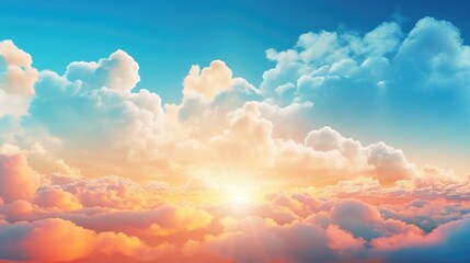 A blue sky clouds background features a beautiful landscape with orange sun, creating a mesmerizing scene. Ai Generated.