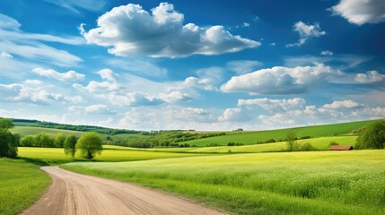 A beautiful landscape unfolds with a road winding through fields under a blue sky adorned with fluffy clouds. Ai Generated.