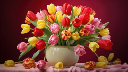 Fresh yellow and pink tulips grace a contrasting red fabric, creating a vibrant and visually striking floral arrangement. Ai Generated.