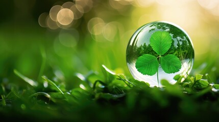 A glass ball holds a clover leaf, set against a green bokeh background, creating a magical and whimsical scene. Ai Generated.