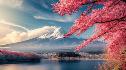 Iconic Mount Fuji surrounded by pink trees creates a stunning travel destination, Ai Generated