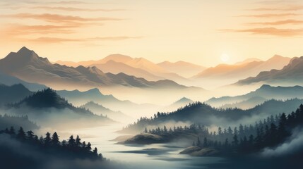 Fototapeta premium Majestic mountains bathed in the warm glow of sunset are enveloped in a mystical fog, Ai Generated