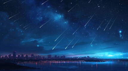 Night sky with shooting stars over a natural landscape, captivatingly beautiful. Ai Generated