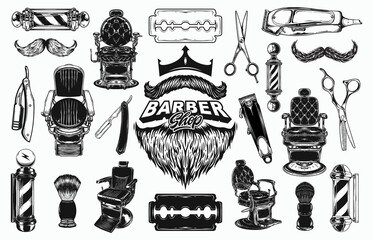 Set of vintage monochrome element barbershop. Vector logo design concept. Black and white color