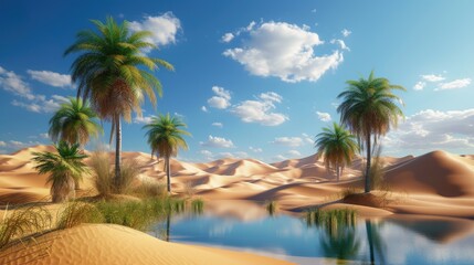 Fototapeta na wymiar Serene oasis emerges in the desert of sand, offering a peaceful respite amidst arid landscapes. Ai Generated