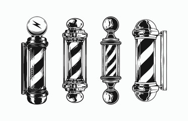 Set of vintage monochrome barber light pole. Vector logo design concept. Black and white color - obrazy, fototapety, plakaty