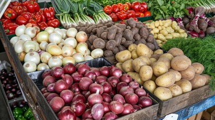 Naklejka na ściany i meble A variety of fresh vegetables including potatoes, beets, onions, garlic, and dill.