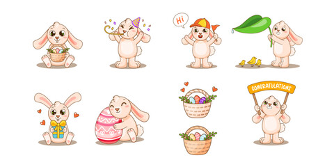 Set of funny cute pink rabbits with different emotions. Easter bunny collection with decorative eggs, celebration, gift, leaf and little chickens. Vector adorable illustration.