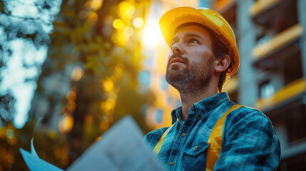 A man wearing a yellow hard hat is looking up at a building while holding a piec - obrazy, fototapety, plakaty