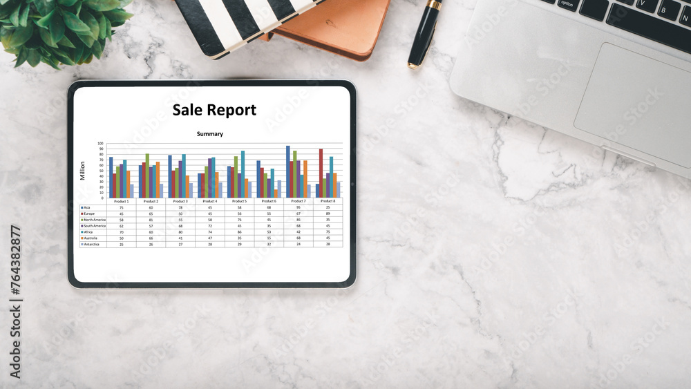 Poster sales report displayed on a digital tablet, with colorful bar graphs comparing product performance a