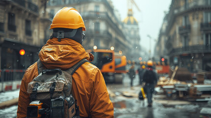 A man in a yellow jacket and a yellow helmet is walking down a street