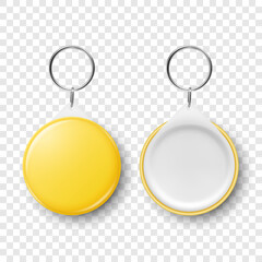 Vector 3d Realistic Yellow Blank Round Button Badge with Ring Holder Closeup, Isolated. ID Badge Design Template, Mockup. Design Template for Access Pass, Identification, Events. Front, Back Side View