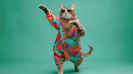 Playful cat in vibrant attire and sunglasses dances on a green background. Ai Generated - obrazy, fototapety, plakaty