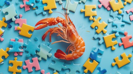 Quirky top view of a cute prawn solving a jigsaw puzzle, charming and unexpected. Ai Generated - obrazy, fototapety, plakaty