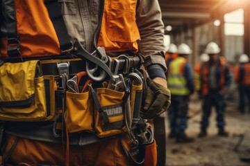 Construction workers use fall arrest equipment with building safety belt hook