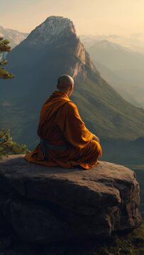 ORANGE-ROBED MONK, MEDITATING HIGH UP ON A ROCK. VIDEO. VERTICAL. 