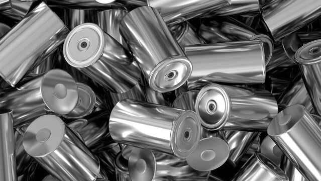 lithium-ion 4680 batteries in bulk, High-capacity gold accumulator cell modules, tabless cell, mass production Electric Car batteries, High Tech Technology, accumulator cell recycling plant, 3d render