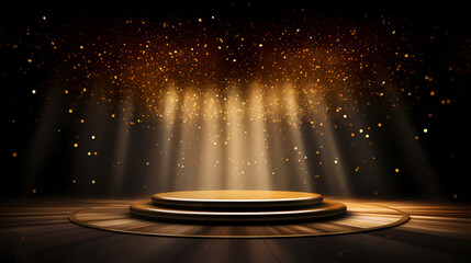 Empty stage with golden lights and spotlights - obrazy, fototapety, plakaty