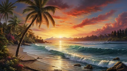 gentle waves caress tropical shore, palm trees sway under vibrant sky, Ai Generated. - obrazy, fototapety, plakaty