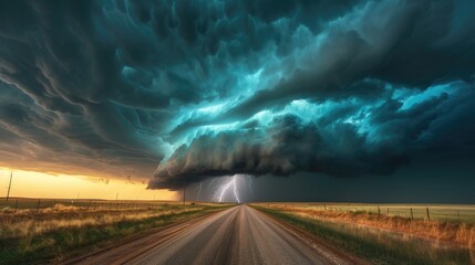 Intense supercell storm unleashes lightning and fierce winds over rural road, Ai Generated. - obrazy, fototapety, plakaty
