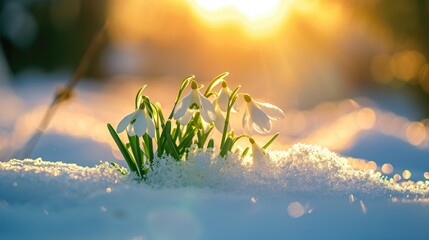 Delicate snowdrops bloom on snowy landscape, kissed by sunlight in stunning macro shot, Ai Generated.