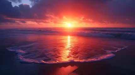 Deurstickers Serene ocean beach painted in golden hues as sun sets on the horizon, Ai Generated. © Crazy Juke