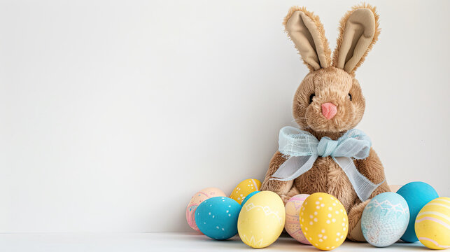 toy Easter Bunny with bow and Easter Eggs over white background. Area for text and images to left. Happy Easter Card