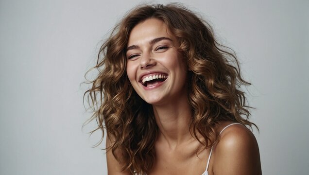 Russian woman in her 20s with beautiful wavy hair posing smilingly on a white background, studio shot, space for advertising