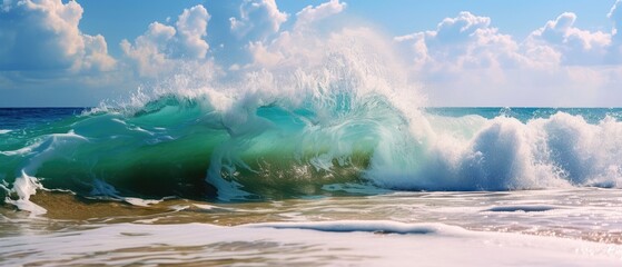 Powerful waves gracefully break on the sandy shore, a mesmerizing display of nature's force. Ai Generated