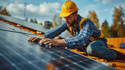 Male worker installs solar panels on the roof of a house, residence, commercial building, renewable energy and sustainable resources.