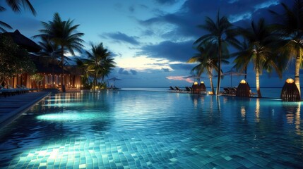 Luxurious tropical resort pool gleams under the night sky, creating a captivating ambiance. Ai Generated