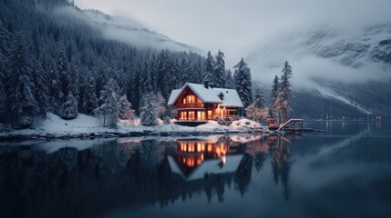 Fototapeta na wymiar A picturesque snowy winter scene features many Nordic cabins, creating a charming and cozy atmosphere. Ai Generated