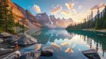Breathtaking panorama of Moraine Lake in Banff National Park, showcasing the pristine beauty of the Canadian Rockies. Ai Generated - obrazy, fototapety, plakaty