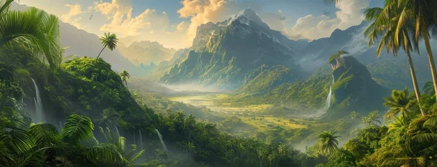  Palm trees sway atop a hill with towering mountains and a surrounding mountain range, Ai Generated © Crazy Juke