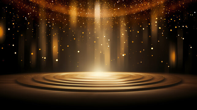 Empty stage with golden lights and spotlights