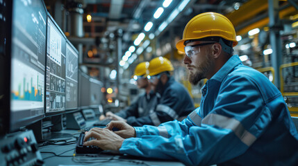 Engineer team sits in front of a computer screen showing graphs related to energy production. Inside a nuclear power plant.