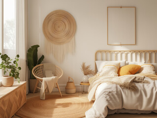 Boho room interior empty banner mockup