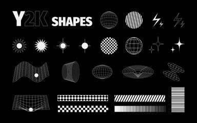 Futuristic y2k shapes collection. Retro abstract geometric forms. Set of vector stickers templates in y2k style. 