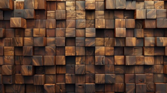Intricate wooden mosaic of richly textured cubes perfect for sophisticated surface designs
