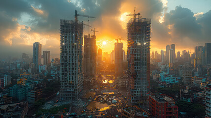 The sun is setting over a city with tall buildings and a large body of water