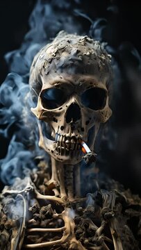 SKULL SMOKING AND SMOKE COMING OUT ALL OVER THE PLACE. CONCEPT OF SMOKING. VIDEO. VERTICAL.